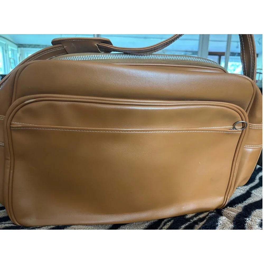 Vintage Tan Faux Leather Travel Bag Set Lot of 3 YKK Zippers Retro Luggage READ